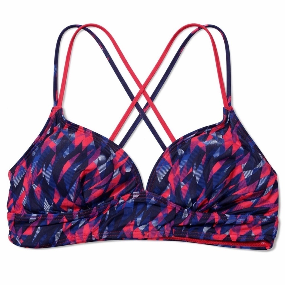 TYR Bikini Top Women Small Blue Red Black Crosscut Back Swimwear Sample NEW